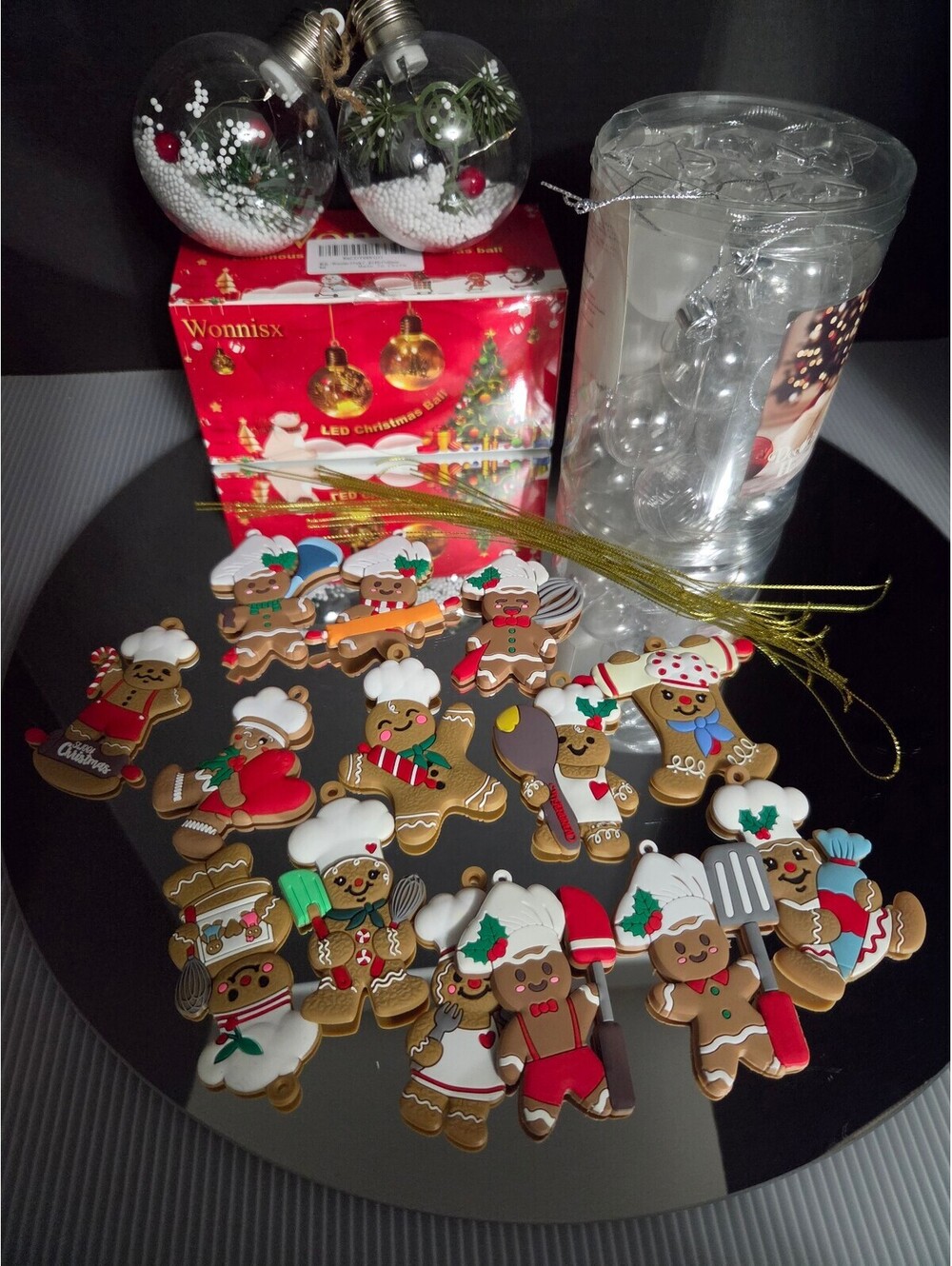 Christmas LED Light Bulb Ornaments with Decorative Snow and Greenery, and Assort